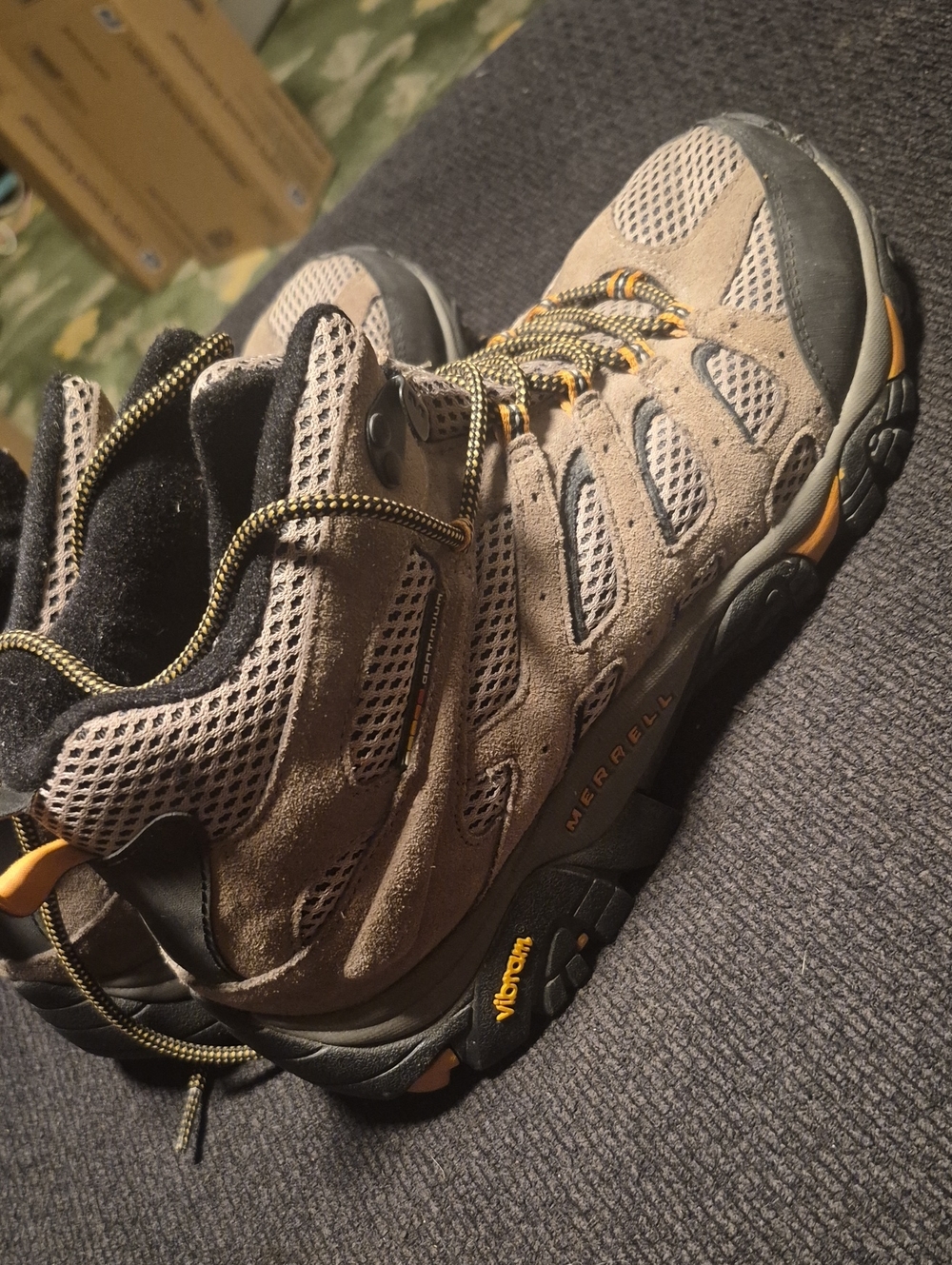 Merrell Taupe and Black Hiking Boots with Yellow Accents